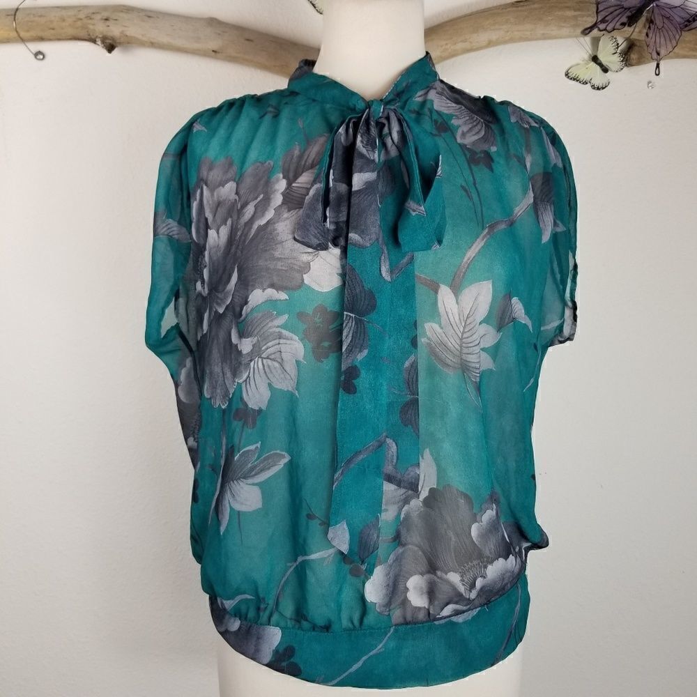 Sweet Pea teal sheer short sleeve blouse tie neck